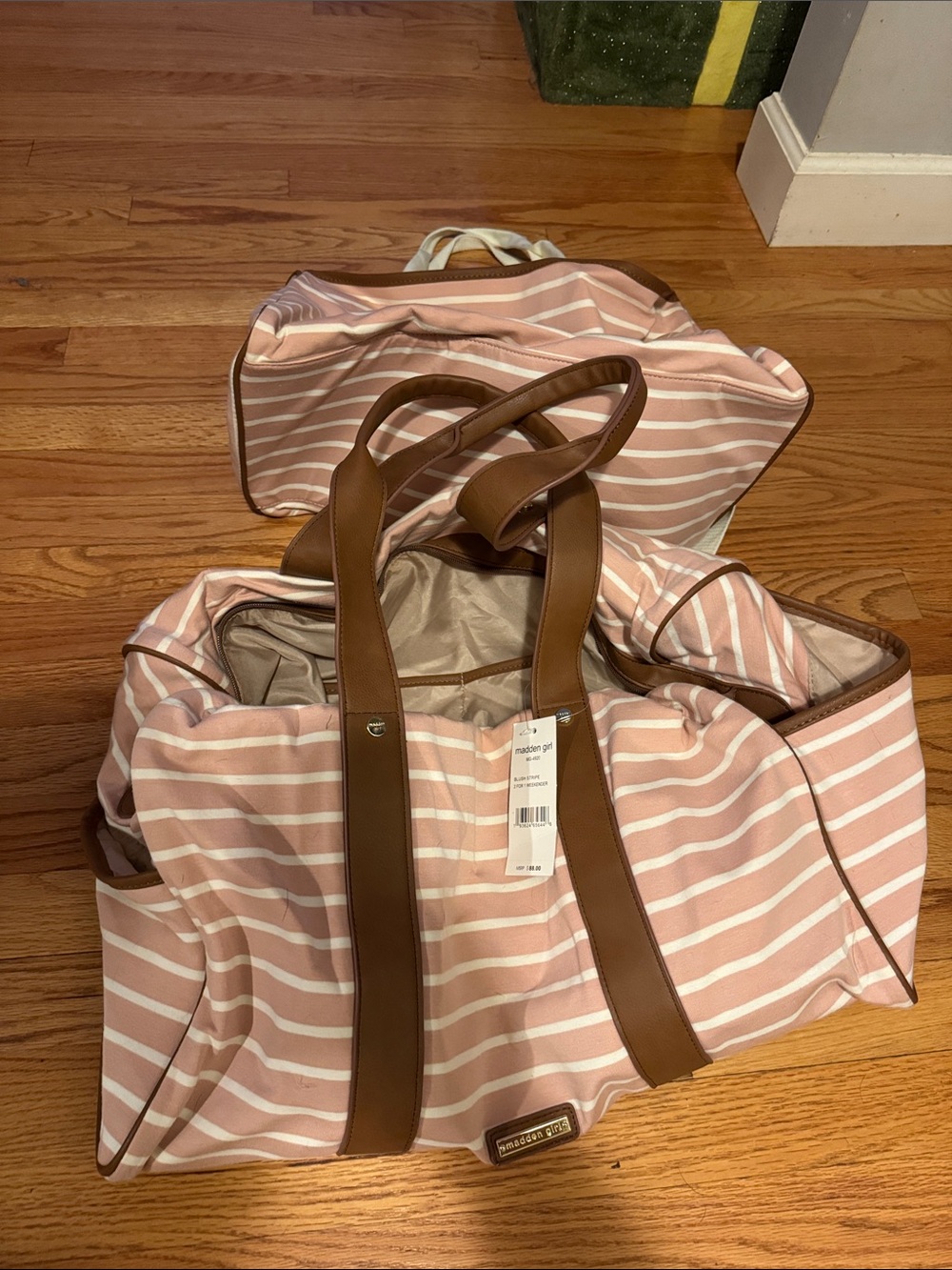 2 for 1 Striped Pink and White Tote Bag with Brown Trim (two bags)